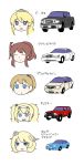  5girls :d big_hair blonde_hair blue_eyes brown_hair car closed_eyes colorado_(kantai_collection) commentary dodge ford ford_mustang gambier_bay_(kantai_collection) garrison_cap ground_vehicle hair_ornament hair_tie hairband hat head_only headgear highres intrepid_(kantai_collection) iowa_(kantai_collection) jeep jeep_cherokee kantai_collection long_hair machinery motor_vehicle multiple_girls one_side_up open_mouth pon_(0737) ponytail saratoga_(kantai_collection) short_hair side_braids sidelocks simple_background smile smokestack_hair_ornament star star-shaped_pupils symbol-shaped_pupils tilted_headwear translated triangle_mouth tsurime twintails vehicle wavy_mouth white_background 