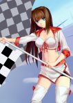  1girl absurdres alternate_costume aozaki_aoko belt blue_eyes boots breasts brown_hair checkered checkered_flag cleavage cqqz0707 cropped_jacket dutch_angle flag highres lace-up_top long_hair mahou_tsukai_no_yoru midriff navel race_queen smile solo thigh_boots thighhighs thighs 