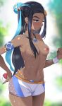  1girl :o armlet bike_shorts black_hair blue_eyes blue_hair blurry blurry_background breasts collarbone cowboy_shot dark_skin depth_of_field earrings hair_bun hand_on_hip highres holding holding_poke_ball hoop_earrings jewelry looking_away looking_down medium_breasts navel necklace nipples noripachi parted_lips poke_ball poke_ball_(generic) pokemon pokemon_(game) pokemon_swsh rurina_(pokemon) shorts sidelocks skindentation solo stomach sweat sweatband top two_side_up wet white_shorts 