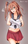 1girl agano_(kantai_collection) agano_(kantai_collection)_(cosplay) alternate_costume anti_(untea9) asymmetrical_legwear blue_eyes blush breasts brown_hair cleavage cosplay garter_straps gloves gradient gradient_background hair_between_eyes highres kantai_collection large_breasts long_hair looking_at_viewer navel necktie open_mouth pleated_skirt ponytail saratoga_(kantai_collection) school_uniform serafuku side_ponytail sidelocks single_thighhigh skirt solo thighhighs 