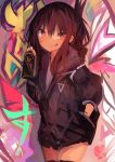 1girl :q absurdres alternate_costume bangs black_legwear brown_eyes brown_hair folded_ponytail graffiti hand_in_pocket highres hood hooded_jacket hoodie inazuma_(kantai_collection) jacket kaamin_(mariarose753) kantai_collection paint_on_face pocket ponytail smile solo spray_can tehepero thighhighs thighs tongue tongue_out 