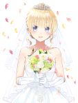  1girl :d bangs bare_shoulders blonde_hair blue_eyes bouquet bridal_veil bride check_character collarbone colored_eyelashes commentary_request crown dress earrings elbow_gloves eyebrows_visible_through_hair flower gloves highres holding holding_bouquet jewelry juliet_persia kishuku_gakkou_no_juliet looking_at_viewer natsupa necklace open_mouth petals rose short_hair simple_background smile solo strapless strapless_dress upper_body veil white_background white_dress white_flower white_gloves white_rose 