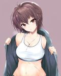  1girl bangs breasts breath brown_eyes brown_hair commentary eyebrows_visible_through_hair grey_background grey_jacket head_tilt jacket kasai_shin long_sleeves looking_at_viewer medium_breasts navel open_clothes open_jacket opened_by_self original parted_lips short_hair simple_background solo sports_bra sweat upper_body wet wet_hair white_sports_bra 