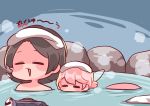  adeleine akiaki_popee black_hair blush_stickers closed_eyes halberd_(airship) highres kirby kirby_(series) onsen open_mouth pink_hair ribbon_(kirby) steam towel towel_on_head underwater 