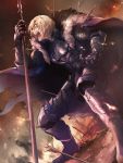  1boy armor armored_boots arrow_in_body blonde_hair blood blood_on_face bloody_weapon blue_eyes boots cape dimitri_alexandre_blaiddyd embers eyepatch fire fire_emblem fire_emblem:_three_houses full_body fur_cape gauntlets highres injury lance moyashi_mou2 open_mouth outdoors polearm profile short_hair shouting smoke solo teeth torn_cape torn_clothes weapon 