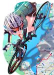  1girl bicycle bike_shorts black_hair blue_eyes commentary_request eyewear_on_headwear from_above green_track_suit ground_vehicle helmet highres jacket long_sleeves map mikazuki_akira! original shoes short_hair solo track_jacket track_suit white_footwear 