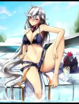  1girl ahoge bikini breasts cleavage green_eyes highres ilias_studio laevateinn_(phantom_of_the_kill) large_breasts legband looking_at_viewer phantom_of_the_kill poolside red_eyes soaking_feet solo swimsuit unzipped zipper zipper_pull_tab 