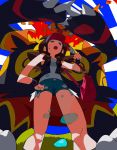  1girl arms_up bag baseball_cap black_legwear black_vest blue_eyes blue_shorts blue_sky breasts brown_hair claws closed_mouth cloud emboar fang fire from_below furry gen_5_pokemon grass half-closed_eyes hand_on_hip hand_up hat highres holding jpeg_artifacts kneehighs long_hair looking_at_another looking_down open_mouth outdoors pokemon pokemon_(creature) pokemon_(game) pokemon_bw red_eyes shirt short_shorts shorts sky sleeveless sleeveless_shirt small_breasts standing sweat teeth touko_(pokemon) vest white_headwear white_shirt wristband yaya_hiyayaka 