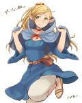  1girl blonde_hair blue_dress breasts choker cloak closed_mouth dress dungeon_meshi elf fanny_pack green_eyes hair_ribbon highres holding hood hood_down hooded_cloak leg_up long_hair long_sleeves looking_away marcille meganei pants pants_under_dress pointy_ears ponytail red_ribbon ribbon sandals sideways_glance simple_background smile solo standing standing_on_one_leg very_long_hair w_arms white_background white_pants 