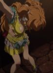  1girl armpits arms_up blood blood_stain breasts captured chain chained cleavage flamenco_girl heart highres indoors jewelry magical_girl maya_mari miniskirt necklace orange_hair outstretched_arms pearl_hair_ornament samurai_flamenco scratches screencap skirt solo spread_arms stitched third-party_edit torn_clothes twintails virgin yellow_legwear yellow_skirt 