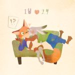  ! &lt;3 1:1 ? aomaroo barefoot blush bottomwear canid canine clothed clothing dipstick_ears dipstick_tail disney eyes_closed fox fully_clothed fur furniture green_eyes grey_body grey_fur judy_hopps kissing lagomorph leporid lying mammal multicolored_ears multicolored_tail nick_wilde on_back orange_body orange_fur pants rabbit reclining red_fox shirt simple_background sitting smile sofa surprise tan_background topwear zootopia 