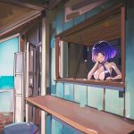  1girl bob_cut breast_rest breasts character_request chin_rest cleavage copyright_request criss-cross_halter day halterneck highres large_breasts mark_simonov ocean purple_eyes purple_hair short_hair solo strap_gap wind window windowsill 