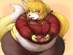  4:3 anthro belly big_belly big_breasts black_nose breasts candy canid canine chocolate cleavage clothed clothing eyeshadow female food fox fur fuyusen hair hair_over_eye hi_res holidays huge_breasts looking_at_viewer makeup mammal multicolored_body multicolored_fur obese obese_female offering_to_viewer orange_eyes overweight overweight_female simple_background smile solo standing sweater thick_thighs topwear two_tone_body two_tone_fur valentine&#039;s_day yellow_body yellow_fur yosioka_san 