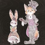  1:1 abstract_background anthro aomaroo black_background canid canine clothed clothing costume dipstick_tail disney dress duo fox fully_clothed fur green_eyes grey_body grey_fur judy_hopps lagomorph leporid mammal multicolored_tail nick_wilde pawpads purple_eyes rabbit red_fox simple_background smile standing suit zootopia 
