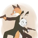  1:1 anthro aomaroo blue_eyes bottomwear brown_background canid canine clothed clothing disney duo ear_markings facial_markings fox fully_clothed fur green_eyes grey_body grey_fur grin head_markings holding_gun holding_object holding_weapon jack_savage lagomorph leporid mammal markings nick_wilde orange_body orange_fur pants pink_nose rabbit red_fox simple_background smile suit teeth weapon zootopia 
