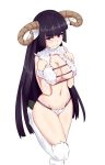  1girl animal_ears bangs black_hair blunt_bangs blunt_ends borrowed_character breasts cleavage commentary curled_horns ear_tag foot_up fur groin hands_up highres hime_cut hooves horns iwbitu-sa large_breasts long_hair looking_at_viewer navel original panties parted_lips purple_eyes russian_commentary sheep_ears sheep_girl sheep_horns simple_background smile solo standing standing_on_one_leg underwear very_long_hair white_background white_fur 