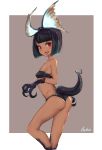  1girl :d absurdres ass bangs bare_shoulders bikini black_bikini black_hair blunt_bangs breasts claws covered_nipples dark_skin highres house88812317 looking_at_viewer mole monster_hunter monster_hunter:_world open_mouth personification red_eyes scales short_hair smile solo swimsuit tail tongue tongue_out tzitzi-ya-ku 