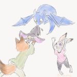  1:1 anthro aomaroo blue_body bottomwear canid canine clothed clothing costume dipstick_tail disney dragon fennec finnick fox fully_clothed fur grey_body grey_fur group judy_hopps lagomorph leporid lifting looking_at_another mammal multicolored_tail nick_wilde orange_body orange_fur pants purple_eyes rabbit red_fox shirt simple_background slit_pupils tan_body tan_fur topwear white_background wyvern yellow_eyes zootopia 