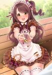  1girl :d alternate_costume apron badge bangs bench blurry blurry_background blush bow bowtie brown_eyes brown_hair brown_skirt buttons character_name commentary_request cookie cowboy_shot curry dress enmaided falling_petals feeding field food frilled_dress frilled_sleeves frills gradient grass hair_ornament hair_ribbon highres holding holding_spoon idolmaster idolmaster_cinderella_girls kazu layered_skirt lens_flare long_hair looking_at_viewer maid maid_apron maid_headdress nose_blush open_mouth outstretched_arms petals puffy_short_sleeves puffy_sleeves ribbon ribbon-trimmed_legwear ribbon_trim round_teeth shimamura_uzuki short_sleeves side_ponytail sidelocks sitting skirt smile solo spoon striped swept_bangs tareme teeth thighhighs thighs upper_teeth wavy_hair white_apron white_bow white_legwear white_neckwear wrist_cuffs 