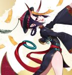  1girl braid china_dress chinese_clothes dress eyebrows_visible_through_hair fang fangs fate/grand_order fate_(series) hat heroic_spirit_festival_outfit highres horns jiangshi long_sleeves oni open_mouth pink_lips pointy_ears purple_eyes purple_hair short_eyebrows shuten_douji_(fate/grand_order) smile solo standing talisman tongue yuu_(higashi_no_penguin) 
