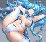  1girl areolae arm_up armpits bangs belly blue_hair breasts breasts_outside closed_mouth collarbone detached_sleeves gauntlets hair_between_eyes hand_behind_head highres king&#039;s_raid long_hair looking_at_viewer lying medium_breasts navel nipples panties shin_guards shuuru_(raysen) solo sonia_(king&#039;s_raid) spread_legs twintails underwear white_legwear white_panties yellow_eyes 