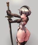  1girl ass black_blindfold black_gloves black_legwear blindfold breasts butt_crack covered_eyes elbow_gloves from_behind garter_straps gloves grey_background highres huge_weapon kelvin_hiu leotard looking_back medium_breasts nier_(series) nier_automata no_pants ootachi planted_sword planted_weapon shiny shiny_skin short_hair silver_hair solo sports_bra sword thick_thighs thighhighs thighs thong_leotard weapon white_leotard yorha_no._2_type_b 