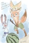  anthro aomaroo barefoot bottomwear brown_eyes buckteeth canid canine clothed clothing dipstick_tail disney fennec finnick food fox fruit fur gloves_(marking) green_eyes grey_body grey_fur grin group hi_res holding_food holding_object japanese_text judy_hopps lagomorph leporid mammal markings melon multicolored_tail nick_wilde orange_body orange_fur outside pawpsicle plant popsicle purple_eyes rabbit red_fox shorts sky smile stick tan_body tan_fur teeth text topless watermelon zootopia 