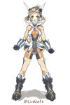  1girl bodysuit breasts brown_hair check_commentary commentary_request hair_ornament hairclip link_(aa30) looking_at_viewer navel orange_eyes senki_zesshou_symphogear short_hair simple_background smile solo tachibana_hibiki_(symphogear) white_background 