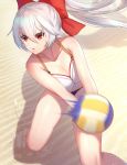  1girl absurdres alternate_costume ball bangs bare_shoulders beach beachball bikini breasts collarbone commentary_request dolce_(dolsuke) fate/grand_order fate_(series) hair_between_eyes highres large_breasts long_hair looking_at_viewer ponytail red_eyes ribbon silver_hair solo swimsuit tomoe_gozen_(fate/grand_order) white_bikini 