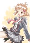  1girl breasts brown_hair check_commentary commentary_request hair_ornament hairclip link_(aa30) looking_at_viewer open_mouth orange_eyes school_uniform senki_zesshou_symphogear short_hair smile solo tachibana_hibiki_(symphogear) 