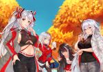  4girls :d absurdres admiral_graf_spee_(azur_lane) ahoge alternate_costume autumn azur_lane bag bag_charm bangs between_breasts black_jacket black_pants blue_eyes blue_sky blunt_bangs bow breasts bubble_tea casual charm_(object) claw_pose closed_mouth coat cowboy_shot crop_top cup day deutschland_(azur_lane) disposable_cup eyebrows_visible_through_hair finger_to_mouth graf_zeppelin_(azur_lane) grey_coat grey_pants grey_shirt hair_bow hand_on_hip highres holding holding_cup iron_cross jacket ko_ma0998 large_breasts leaning_forward long_hair long_sleeves looking_at_viewer miniskirt mole mole_on_breast multicolored_hair multiple_girls open_clothes open_coat open_jacket open_mouth orange_eyes outdoors pants parted_lips prinz_eugen_(azur_lane) red_bow red_hair red_jacket red_skirt shirt short_hair silver_hair skirt sky smile streaked_hair tree two_side_up underboob underboob_cutout very_long_hair white_coat white_hair white_shirt 
