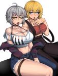  2girls absurdres ahoge artoria_pendragon_(all) artoria_pendragon_(lancer) artoria_pendragon_(lancer_alter) asymmetrical_clothes black_bra black_choker black_pants blonde_hair blue_eyes blue_pants bra breasts choker cleavage collarbone commentary cutoffs denim dual_persona english_commentary eyebrows_visible_through_hair eyeliner fate/grand_order fate_(series) high-waist_pants highres jeans kevbot large_breasts lips looking_at_viewer makeup multiple_girls naughty_face navel nose o-ring o-ring_choker off_shoulder pants piercing revealing_clothes saliva short_hair single_pantsleg sitting spaghetti_strap stomach strapless suspenders_hanging thick_thighs thigh_strap thighs tongue tongue_out tongue_piercing tubetop underboob underwear white_background yellow_eyes 