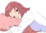  1girl backlighting bed_sheet blush brown_eyes commentary dress_shirt frilled_pillow frills girls_und_panzer highres long_sleeves looking_at_viewer lying medium_hair on_bed on_stomach one_eye_closed open_mouth pillow pillow_hug pink_pillow red_hair rosehip shirt smile solo waking_up white_background white_shirt zono_(inokura_syuzo029) 