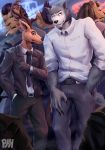  absurd_res antlers beastars brown_body brown_fur canid canine canis cervid cigarette claws clothed clothing duo_focus eye_scar felid fur gloves grey_body grey_fur group hair hand_in_pocket handwear hi_res horn legosi_(beastars) lion looking_back louis_(beastars) male mammal necktie pantherine physen pockets scar shirt smoking standing topwear wolf 