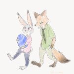  1:1 anthro aomaroo barefoot bottomwear canid canine clothed clothing dipstick_ears dipstick_tail disney duo egg fox fully_clothed fur grey_body grey_fur hands_in_pockets holding_object judy_hopps mammal multicolored_ears multicolored_tail necktie nick_wilde open_mouth open_smile orange_body orange_fur pants pockets purple_eyes red_fox shirt simple_background smile tan_background topwear zootopia 