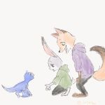 1:1 anthro aomaroo barefoot blue_body bottomwear canid canine clothed clothing dipstick_tail disney dragon fox fully_clothed fur green_eyes grey_body grey_fur group hoodie judy_hopps lagomorph leporid looking_at_another mammal multicolored_tail nick_wilde open_mouth open_smile orange_body orange_fur pants rabbit red_fox scut_tail simple_background smile topwear white_background wings wyvern yellow_eyes zootopia 