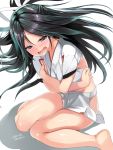  1girl artist_name bare_legs barefoot black_hair blue_eyes blush breast_press breasts crossed_arms dated embarrassed full_body gradient_hair green_hair hair_ribbon half-closed_eyes head_tilt highres hip_vent kantai_collection katsuragi_(kantai_collection) leaning_forward long_hair looking_at_viewer miniskirt multicolored_hair open_mouth pleated_skirt ponytail ribbon sitting skirt small_breasts solo takase_muu tongue wavy_mouth white_background white_ribbon 