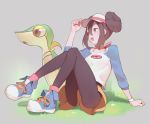  1girl 1other alternate_hair_length alternate_hairstyle black_legwear blue_eyes bow brown_hair double_bun full_body gen_5_pokemon hair_between_eyes legwear_under_shorts mei_(pokemon) open_mouth pantyhose pink_bow pink_legwear pokemon pokemon_(creature) pokemon_(game) pokemon_bw2 raglan_sleeves shoes short_hair shorts sidelocks sneakers snivy socks_over_pantyhose tim_loechner visor_cap watch wristwatch yellow_shorts 