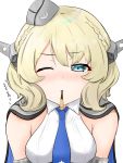  1girl absurdres blonde_hair blue_eyes blue_neckwear breasts colorado_(kantai_collection) commentary_request food garrison_cap grey_headwear hat headgear highres himenagi_yuuki kantai_collection large_breasts looking_at_viewer mouth_hold necktie one_eye_closed pocky pocky_kiss shirt short_hair side_braids simple_background sleeveless solo upper_body white_background white_shirt 