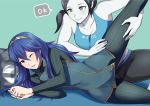  2girls ameno_(a_meno0) assisted_stretching blue_hair breasts cleavage fire_emblem fire_emblem_awakening grey_eyes grey_hair leg_lift long_hair looking_at_another lucina_(fire_emblem) lying multiple_girls on_side one_eye_closed parted_lips ponytail simple_background smile stretch super_smash_bros. tank_top tiara white_skin wii_fit wii_fit_trainer 