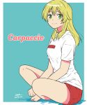  1girl aqua_background artist_name bangs barefoot blonde_hair carpaccio casual character_name closed_mouth commentary dated full_body girls_und_panzer green_eyes highres indian_style long_hair looking_at_viewer outside_border red_shorts shirt short_shorts short_sleeves shorts signature simple_background sitting smile solo t-shirt white_shirt zono_(inokura_syuzo029) 