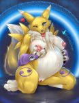  &lt;3 anthro belly big_breasts blush bodily_fluids breasts digimon digimon_(species) female hi_res lactating looking_at_viewer nipples one_eye_closed pregnant pussy renamon smile solo tongue tongue_out weisswinddragon wink 