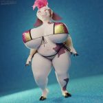  1:1 3d_(artwork) animated anthro bagelcollector big_breasts bikini bovid bovine breasts cattle clothing curvy_figure digital_media_(artwork) female hair huge_breasts mammal piercing pink_hair ribby_(character) slightly_chubby solo swimwear thick_thighs wide_hips 