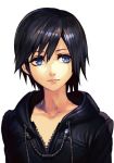  1girl black_coat black_coat_(kingdom_hearts) blue_eyes closed_mouth frown hankuri kingdom_hearts kingdom_hearts_358/2_days short_hair solo white_background xion_(kingdom_hearts) zipper 