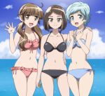  3girls :d anime_coloring arm_around_back bangs bikini black_bikini blue_bikini blue_eyes blue_sky blunt_bangs breasts brown_eyes clenched_hand cloud day frilled_bikini frills hair_ornament hairclip hand_on_another&#039;s_shoulder hand_up hands_up houkago_saikoro_club looking_at_viewer medium_breasts multiple_girls navel onomekaman oono_midori open_mouth outdoors pink_bikini short_hair side-tie_bikini sky smile standing swimsuit takayashiki_aya takekasa_miki twintails water 