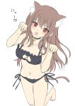  1girl animal_ear_fluff animal_ears bangs bare_arms bare_legs bare_shoulders barefoot bell bell_choker black_bra black_choker black_panties blush bra brown_hair cat_cutout cat_ear_panties cat_ears cat_girl cat_lingerie cat_tail choker cleavage_cutout collarbone commentary_request eyebrows_visible_through_hair frilled_bra frills groin hair_between_eyes hands_up heart jingle_bell kneeling long_hair looking_at_viewer meme_attire navel open_mouth original panties paw_pose red_eyes side-tie_panties solo tail toshi_(1-147) translation_request underwear very_long_hair 