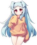  1girl blue_hair commentary_request hair_flaps highres izumo_miyako kosobin long_hair no_pants princess_connect! red_eyes simple_background sleeves_past_wrists sweater white_background yellow_sweater 
