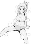  1girl areolae bike_shorts breasts cameltoe check_commentary closed_mouth commentary_request gundam gundam_build_fighters gundam_build_fighters_try hoshino_fumina large_breasts looking_at_viewer medium_hair monochrome simple_background smile solo sports_bra sweat tamagoroo_(funifuni_labo) white_background 