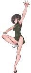 1girl abaratani_kurou alternate_costume armpits bangs black_dress black_footwear black_hair braid breasts brown_eyes china_dress chinese_clothes closed_mouth commentary covered_navel dress eyebrows_visible_through_hair flats full_body girls_und_panzer half-closed_eyes highres leg_up legs light_frown looking_at_viewer medium_breasts microdress outstretched_arms pepperoni_(girls_und_panzer) pose short_hair side_braid side_slit simple_background sleeveless sleeveless_dress solo spread_arms standing white_background 