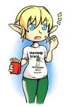  1girl blonde_hair blue_eyes commission eating elf elf-san_wa_yaserarenai. english_text engrish_text erufuda-san fang food french_fries green_pants meme_attire open_mouth pants plump pointy_ears ranguage setz solo 